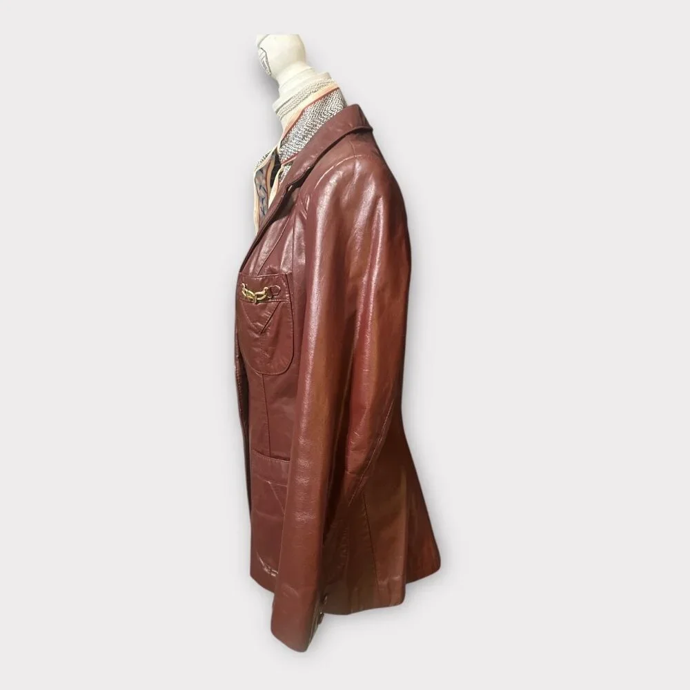 VTG Etienne Aigner Blazer Women M-L Oxblood Leather Notch Collar Jacket 1980s - Picture 4 of 12